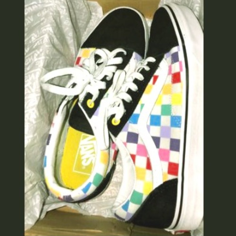 Rainbow checkered old skool vans.